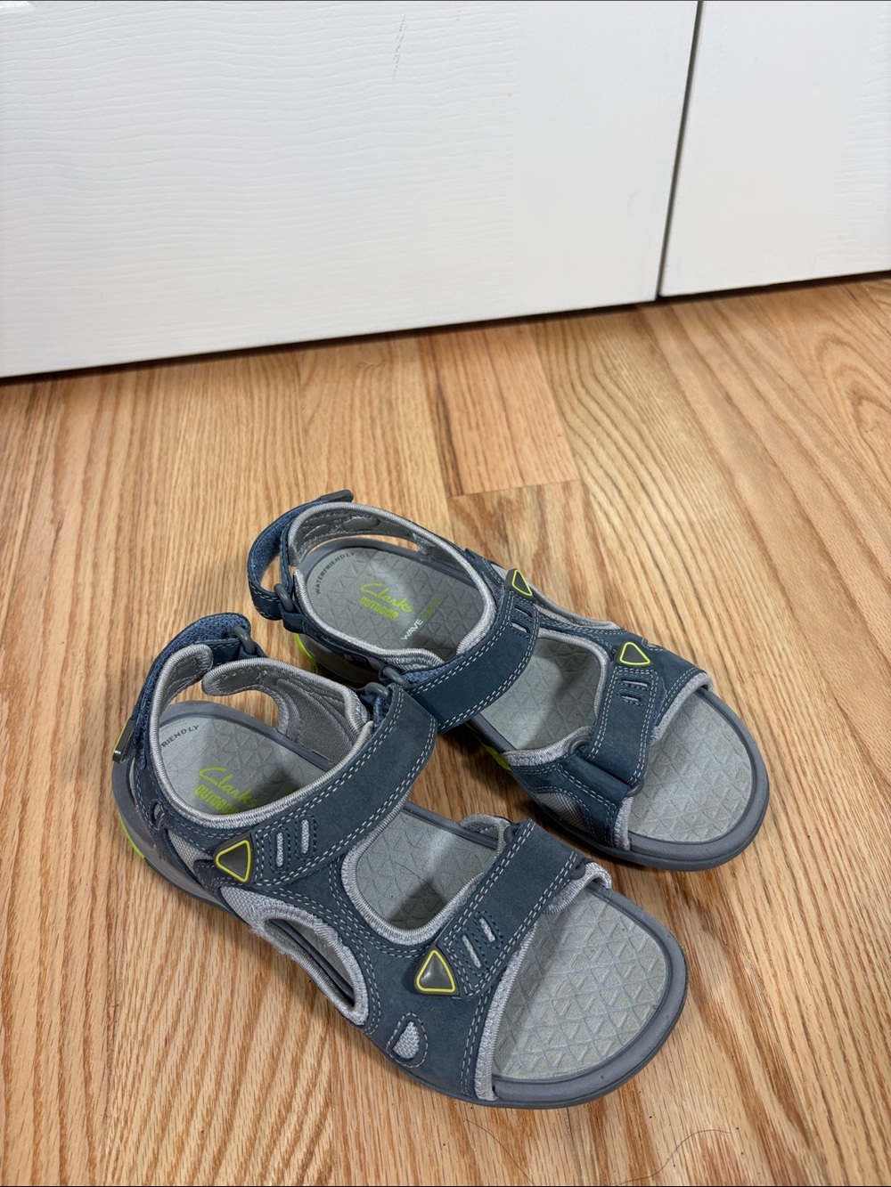 Clarks Navy and Gray Open-Toe Sandals with Yellow-Green Accents